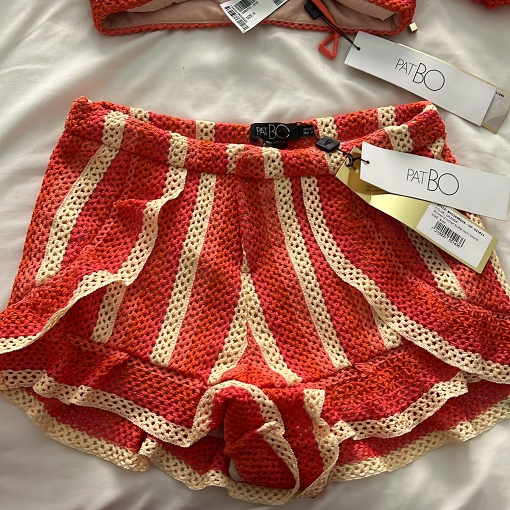 PatBo orange stripes crochet ruffle hem shorts 8 - Picture 4 of 5